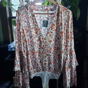 Free People deep v-neck button down with flounce sleeves